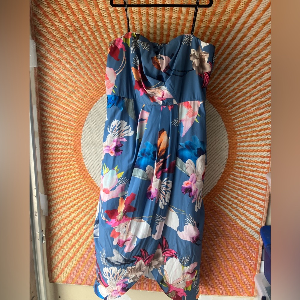 Floral Strapless Dress in Blue and Pink